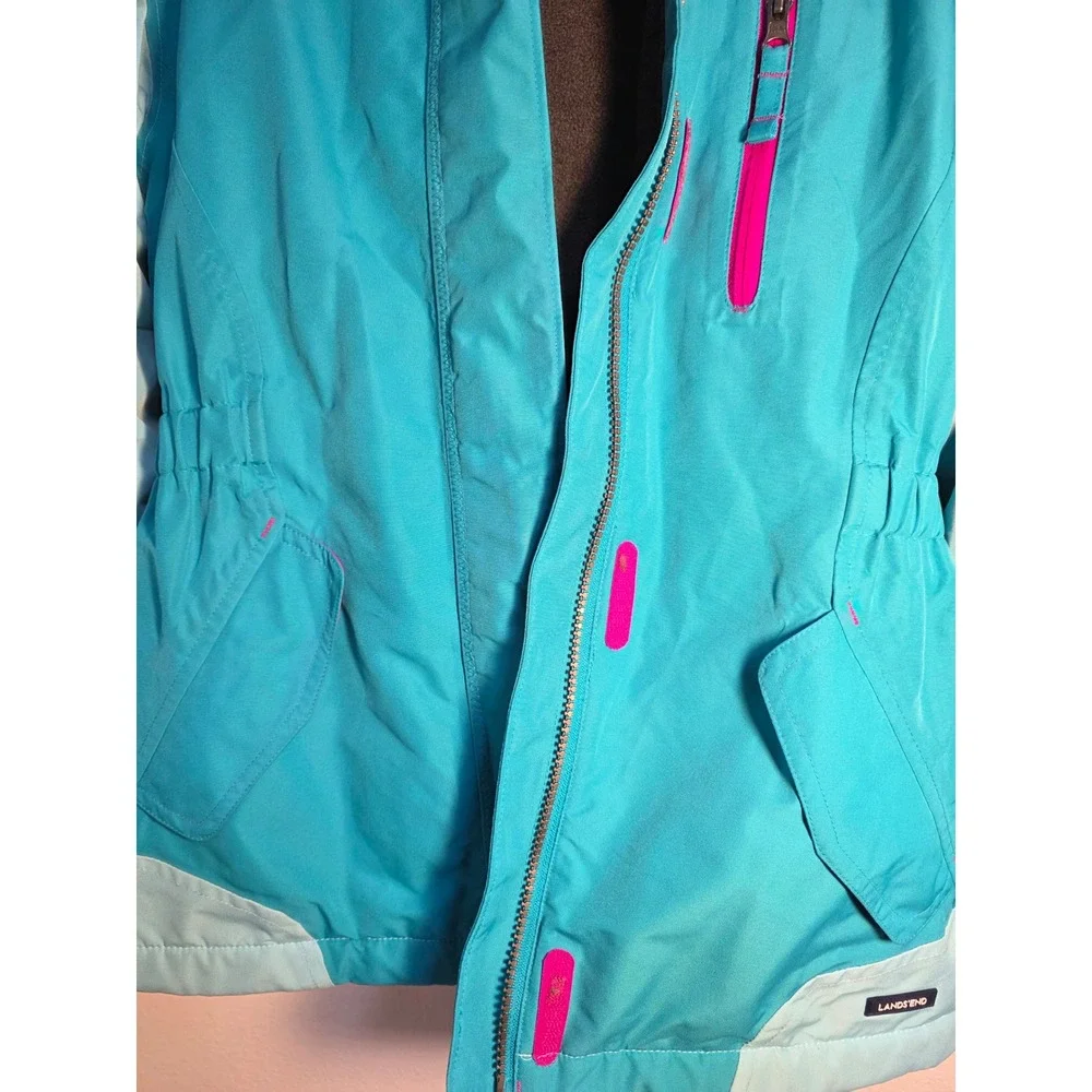 Lands End Kids Girls Teal Pink Colorblock‎ Hooded Winter Ski Jacket Size M 10-12